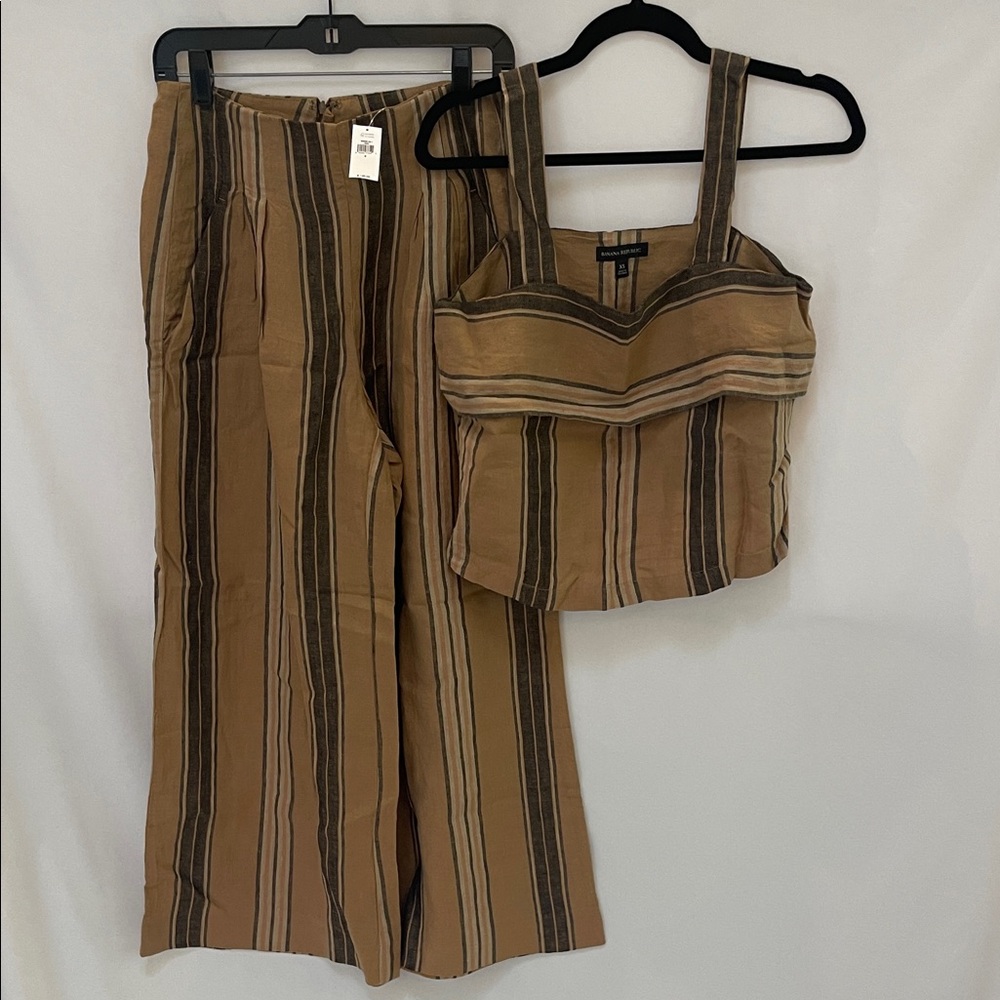 Striped Tan and Brown Women's Pants & Tank Linen Set
